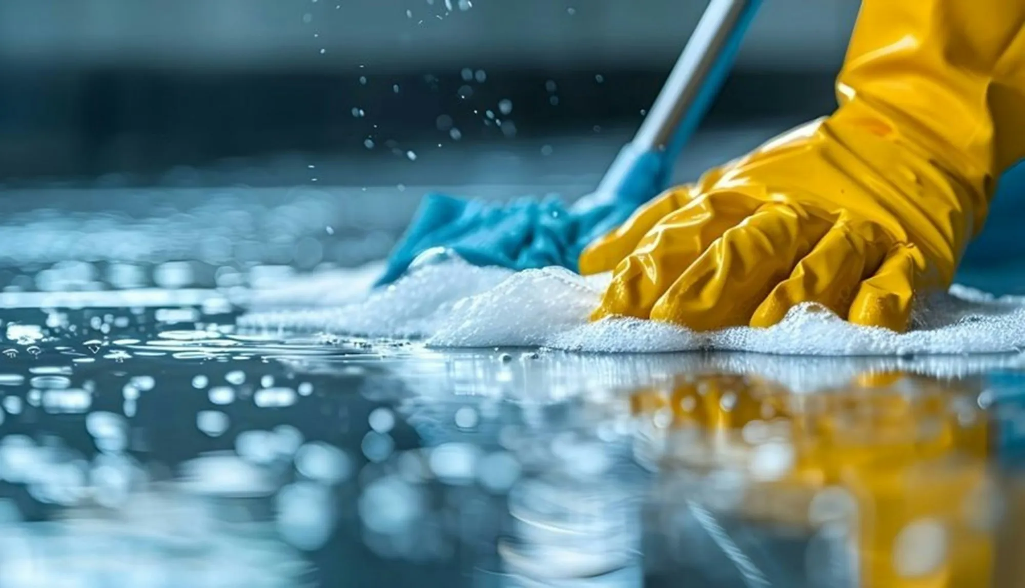 Gloved hand scrubbing a wet surface with a blue cloth