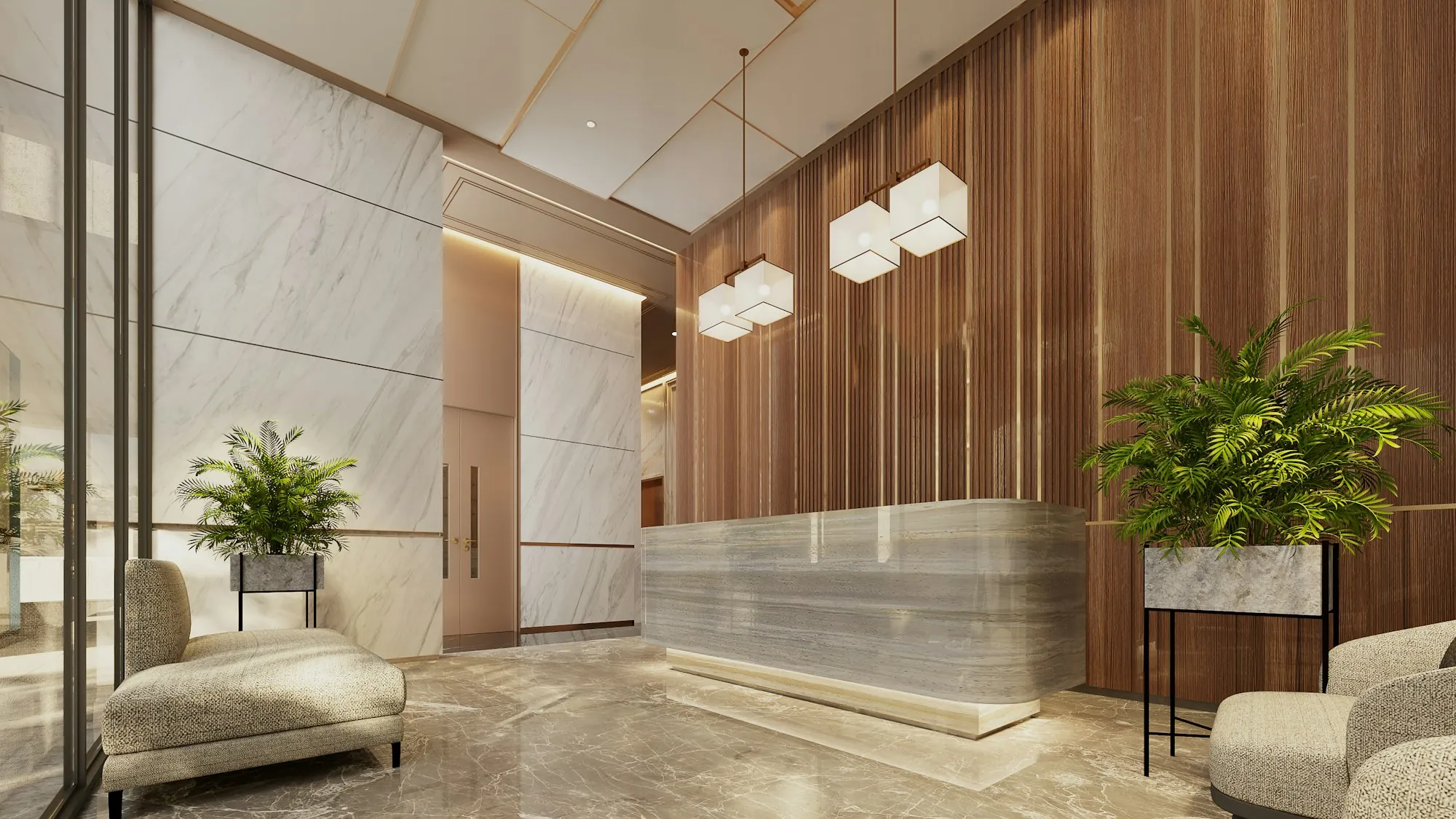 Hotel-style lobby with a reception desk and wood paneling