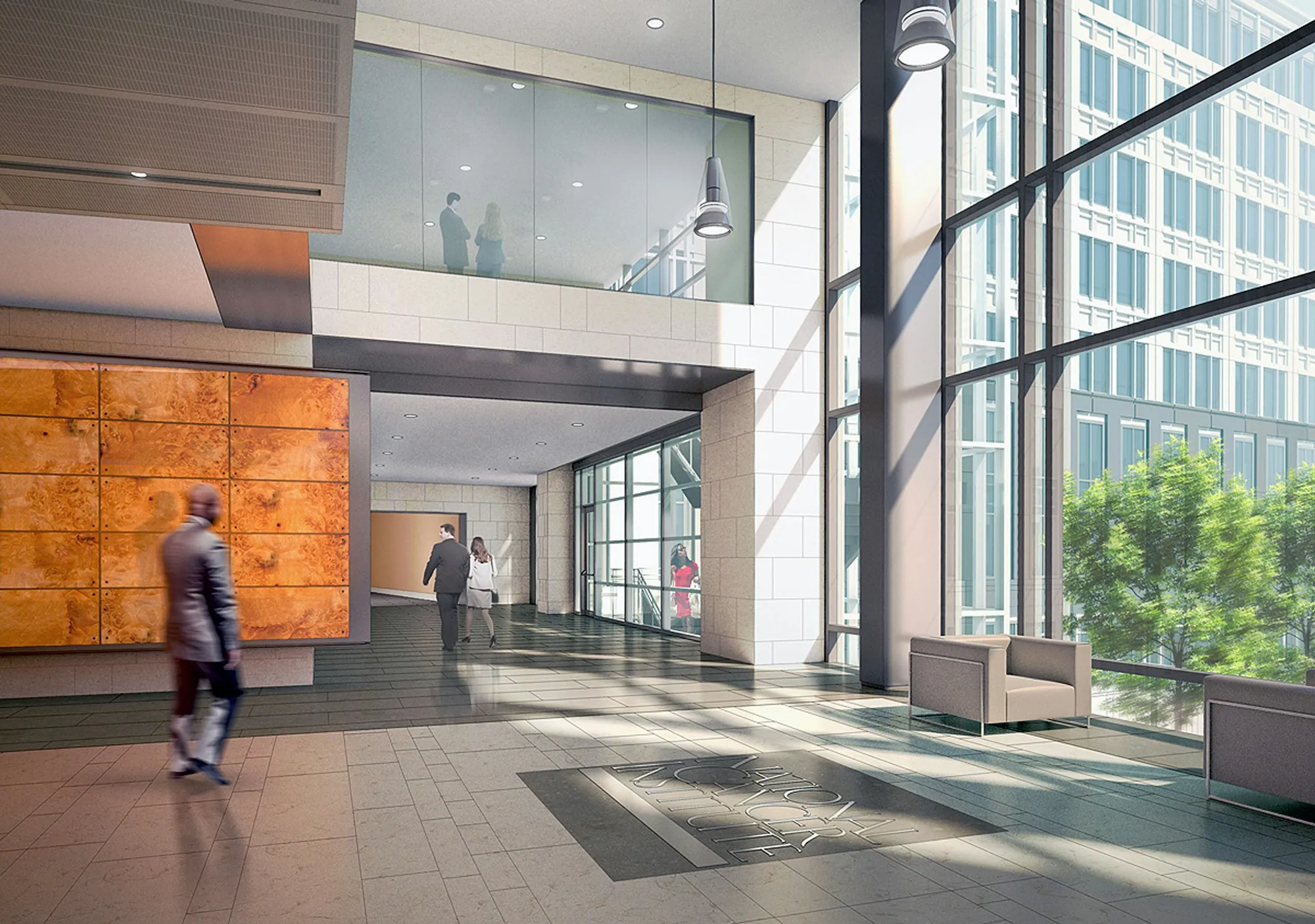 Glass atrium lobby with natural light